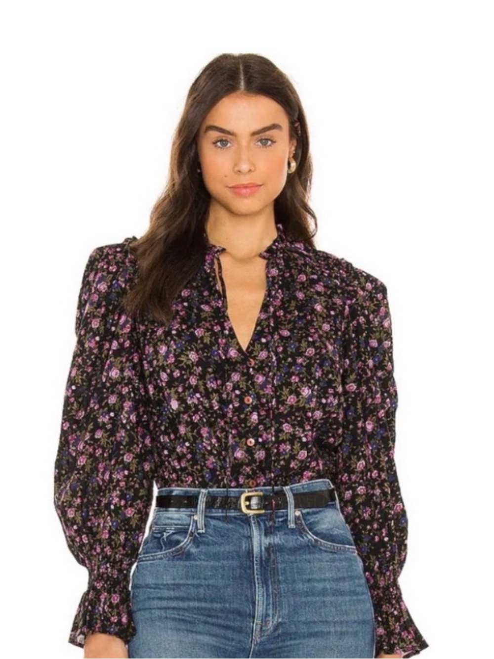 Free People Floral Ruffle Neck Long-Sleeve Blouse - Black with Purple Floral